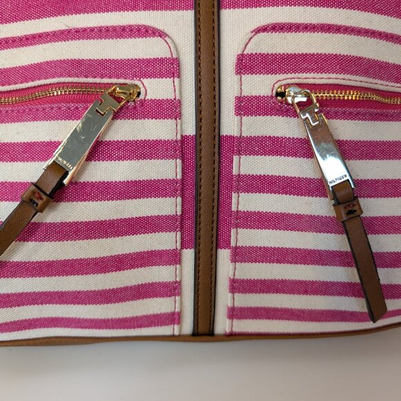 Tommy Hilfiger Women's Pink & White Stripe Satchel With Zips - Picture 3 of 14